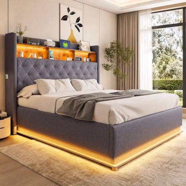 Letto imbottito MODFU con contenitore idraulico, illuminazione LED, porta USB e mensola integrata, tessuto effetto lino grigio, L/P/H: 160 x 200 x 113 cm