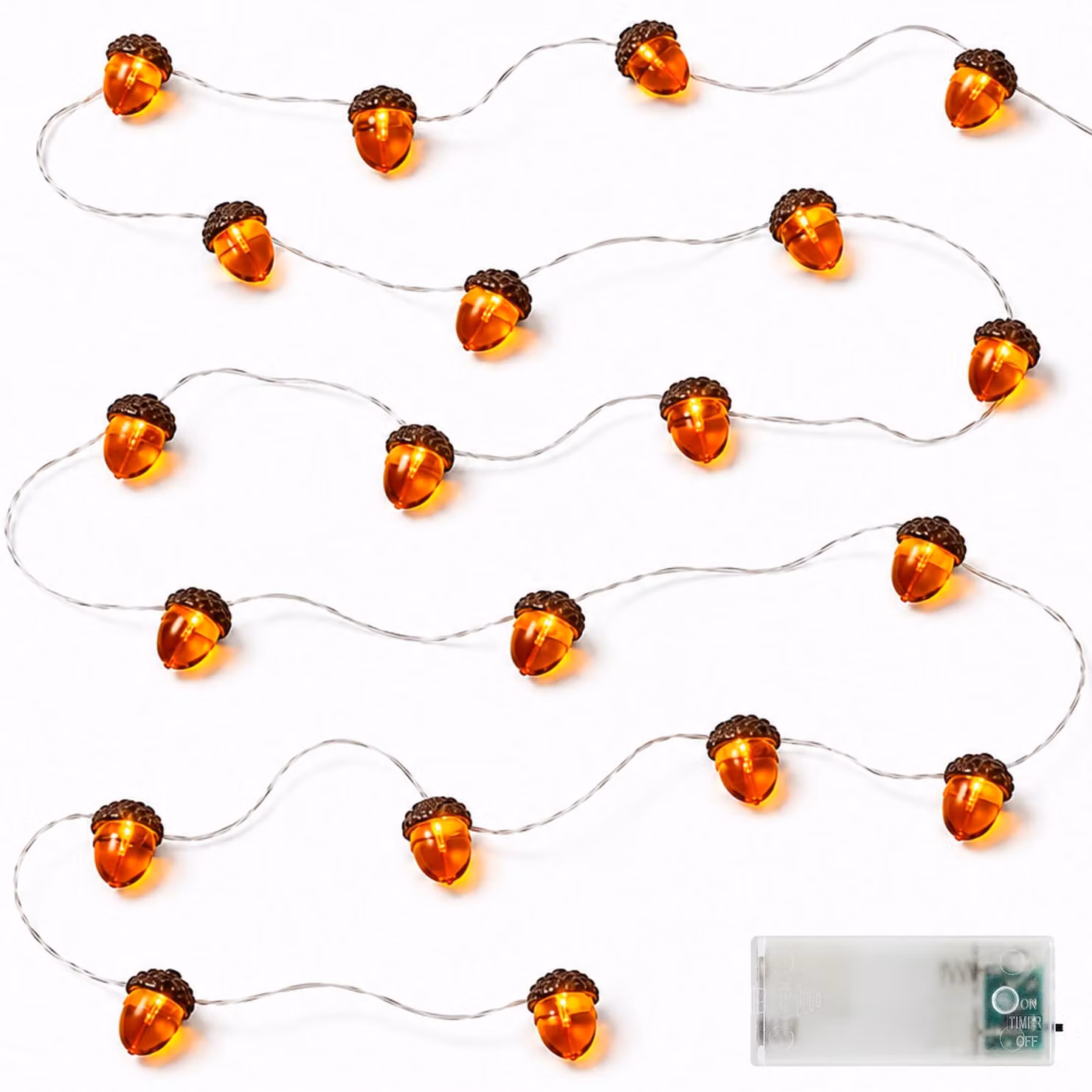 Catena luminosa autunnale, 3 metri, 20 LED, forma a ghianda, con timer, alimentata a batteria