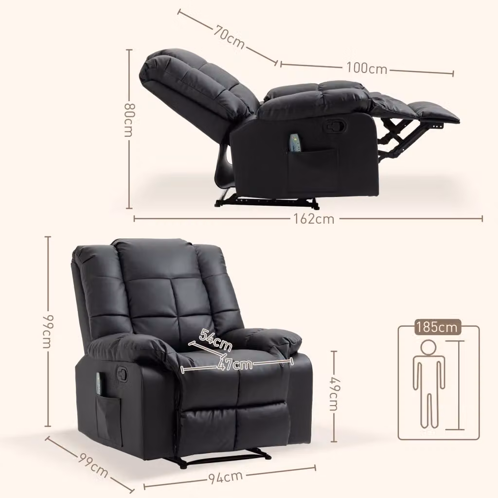 Poltrona relax elettrica con funzione massaggio WISHDOR in pelle sintetica nera L: 94 cm, P: 99 cm, H: 99 cm – 2