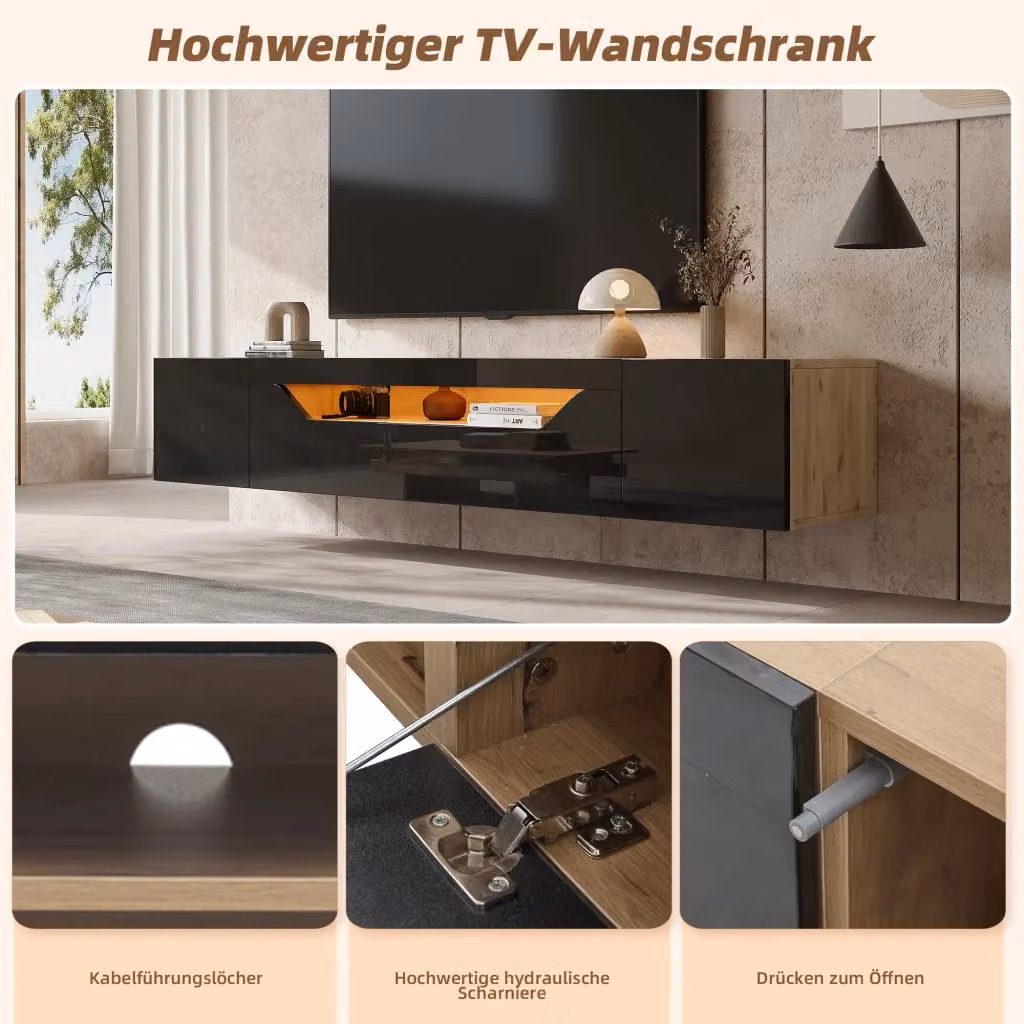 Mobile TV sospeso REDOM con illuminazione LED integrata, design moderno in MDF, colore Nero e Legno, L 180 cm x P 37 cm x H 36 cm – 2