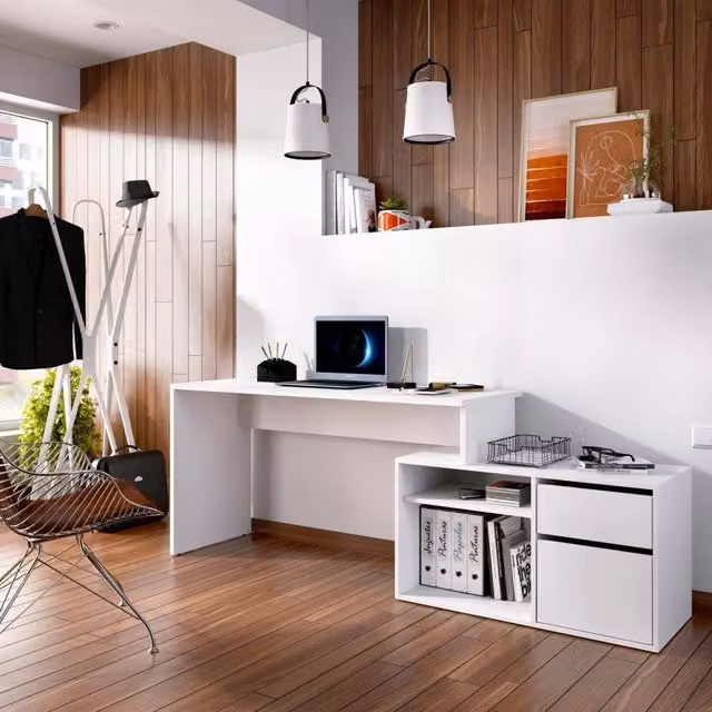 Scrivania angolare DMORA Andor, tavolo da studio moderno per ufficio o cameretta, Bianco, L: 139 cm, P: 92 cm, H: 75 cm