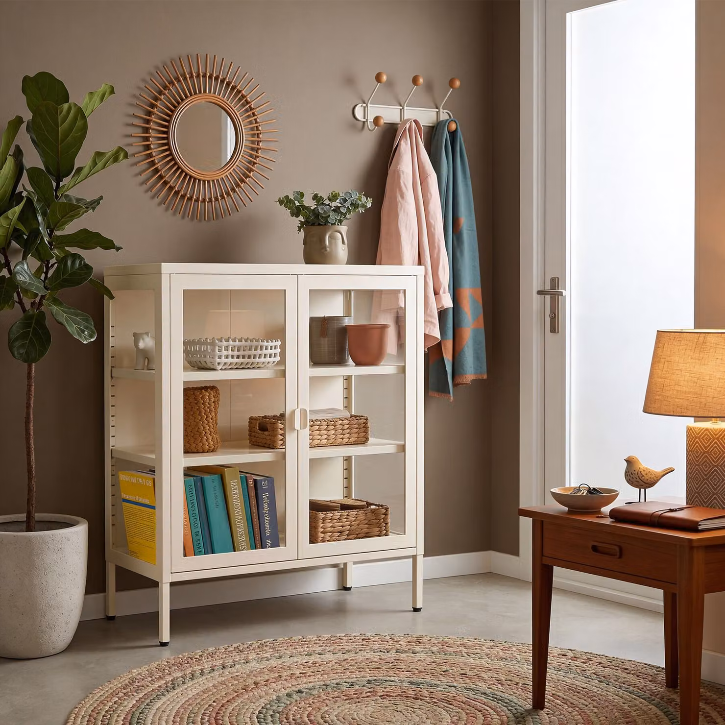 Vetrina moderna Tectake in metallo e vetro con ante in vetro, colore beige, L: 80,0 cm, P: 25,0 cm, H: 90,5 cm – 1