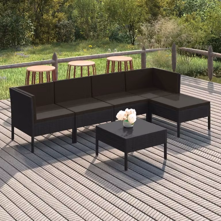 The Living Store Set da giardino da 6 pezzi con cuscini in poly rattan nero