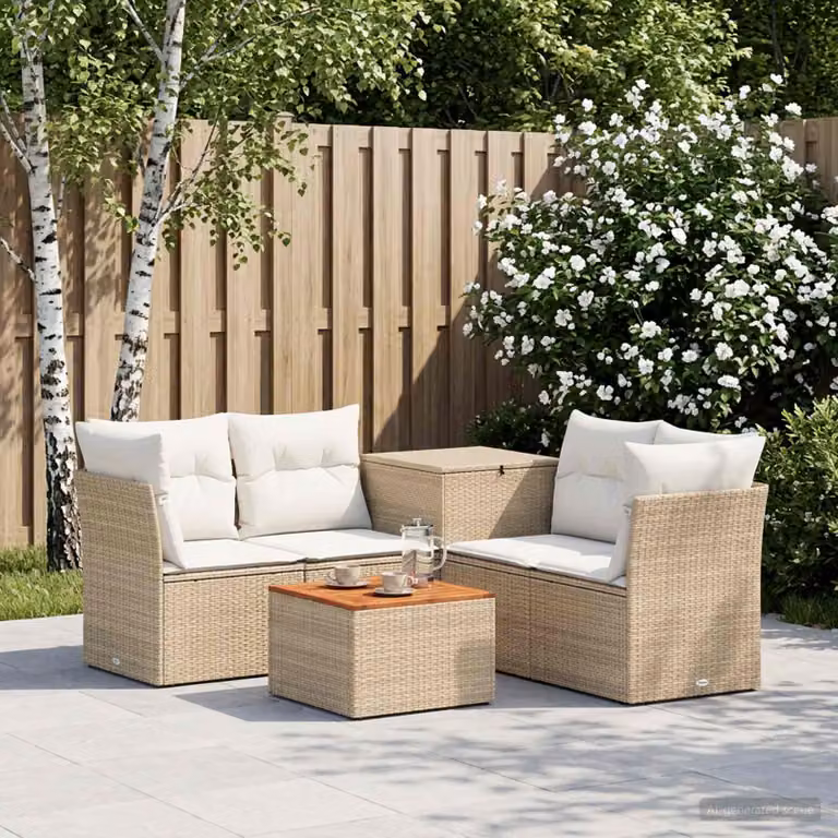 Set di divani da giardino vidaXL in polyrattan con tavolo da caffè, 6 pezzi, beige e bianco crema