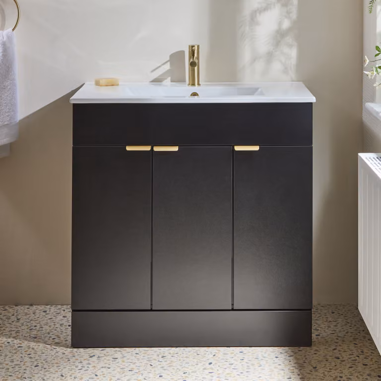 Mobile Bagno a Terra Grigio Nero da 810mm con Lavabo e Maniglie con Impugnatura a Dito in Oro  Satinato - Cluo