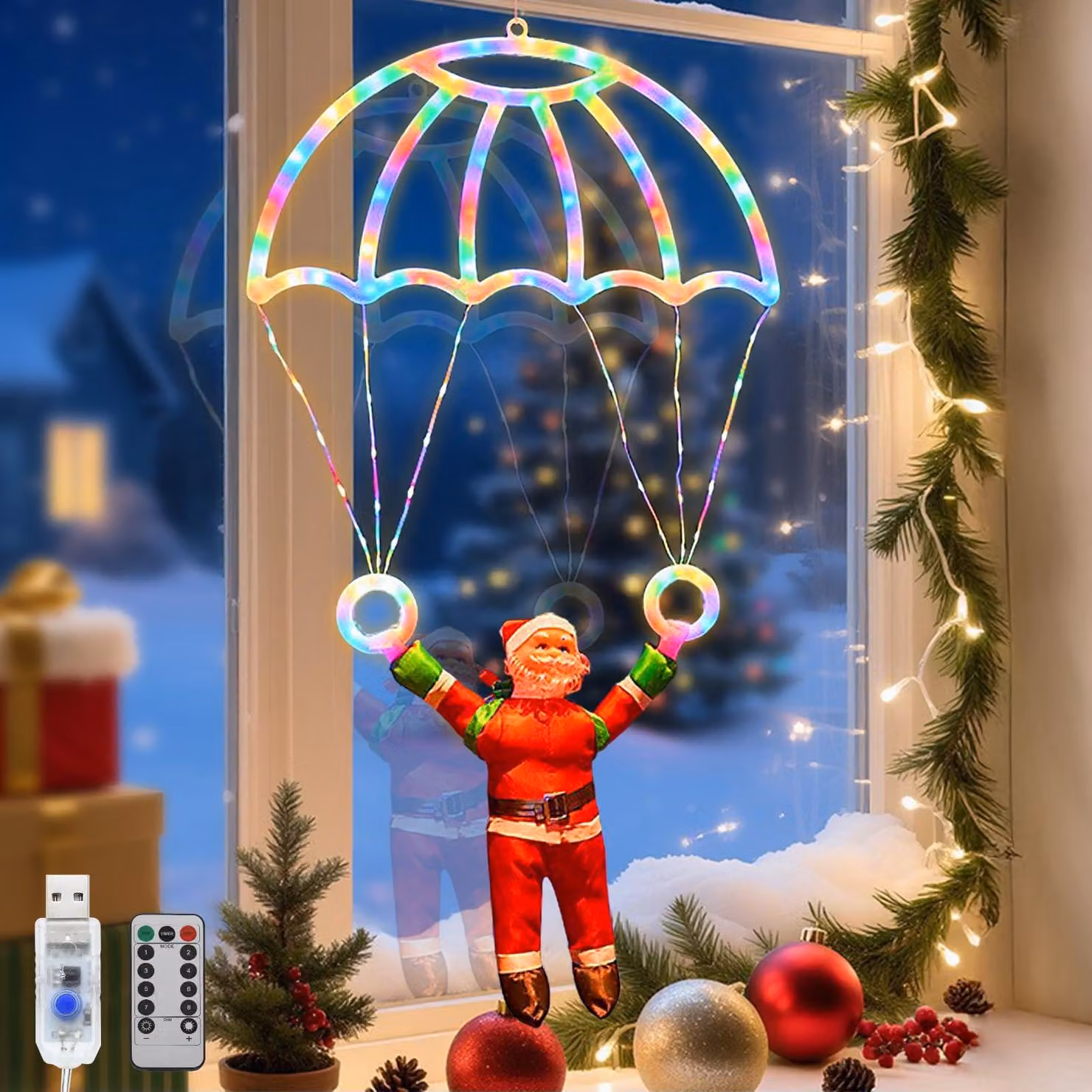 Catena luminosa a LED a forma di Babbo Natale con paracadute, 68 cm, multicolore, alimentazione USB, 8 modalità