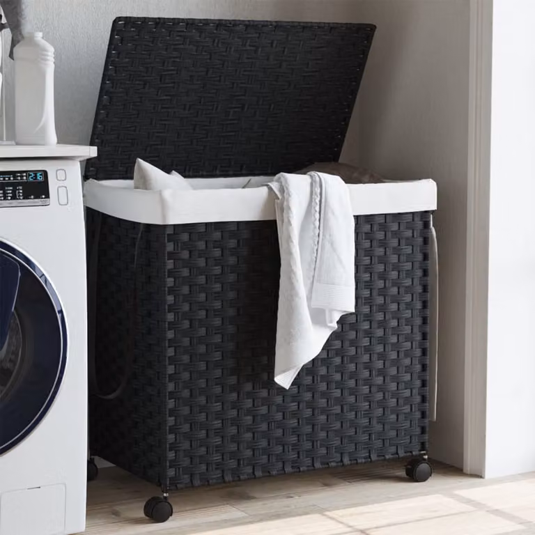 Cesto portabiancheria con ruote e coperchio vidaXL in rattan nero L: 60 cm, P: 35 cm, H: 60,5 cm