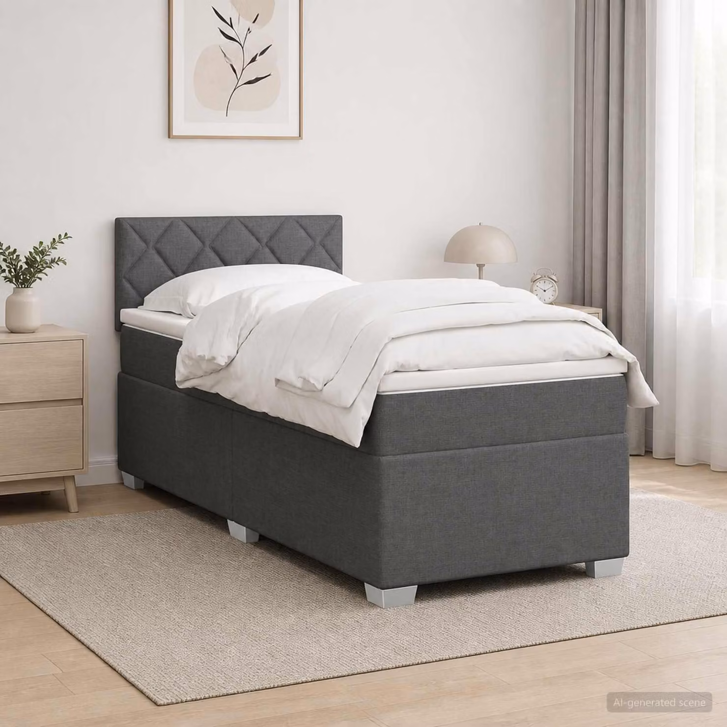 Letto a molle con materasso e illuminazione LED, colore grigio scuro, rivestito in tessuto, modello singolo