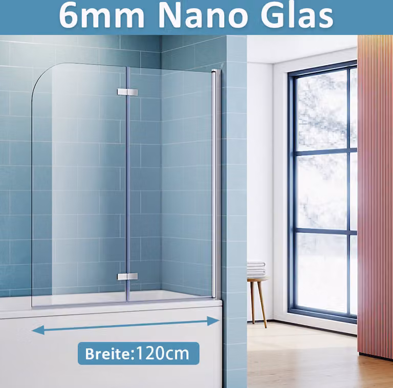 SONNI paravento per bagno con vetro di sicurezza nano glass (2 pezzi), 120x140 cm, cromo