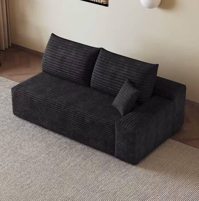 Divano a 2 posti con chaise longue reversibile WISHDOR in tessuto effetto corduroy nero per soggiorno e camera da letto