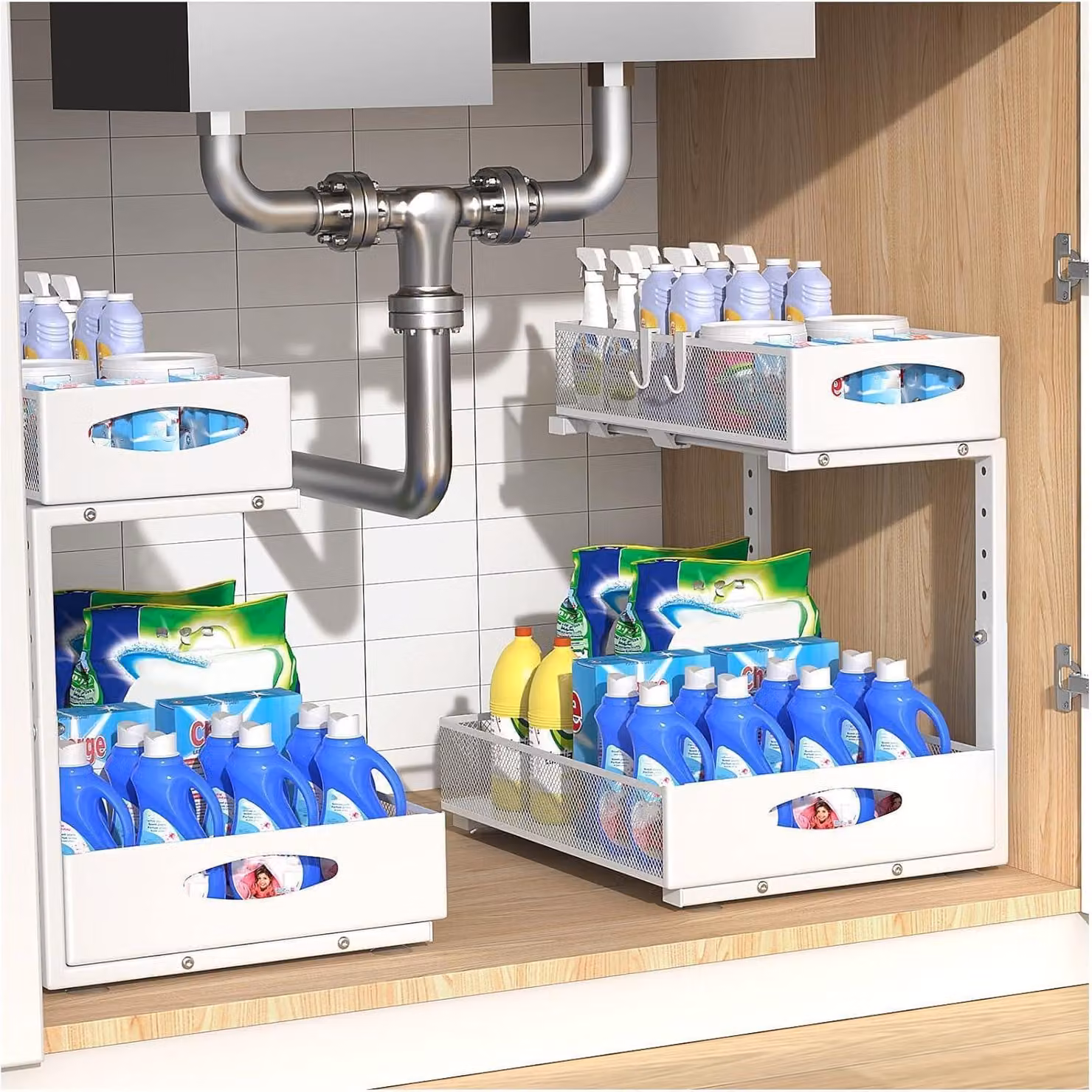 Organizzatore estraibile per lavello, 2 ripiani, metallo bianco, 2 pezzi, larghezza 31 cm