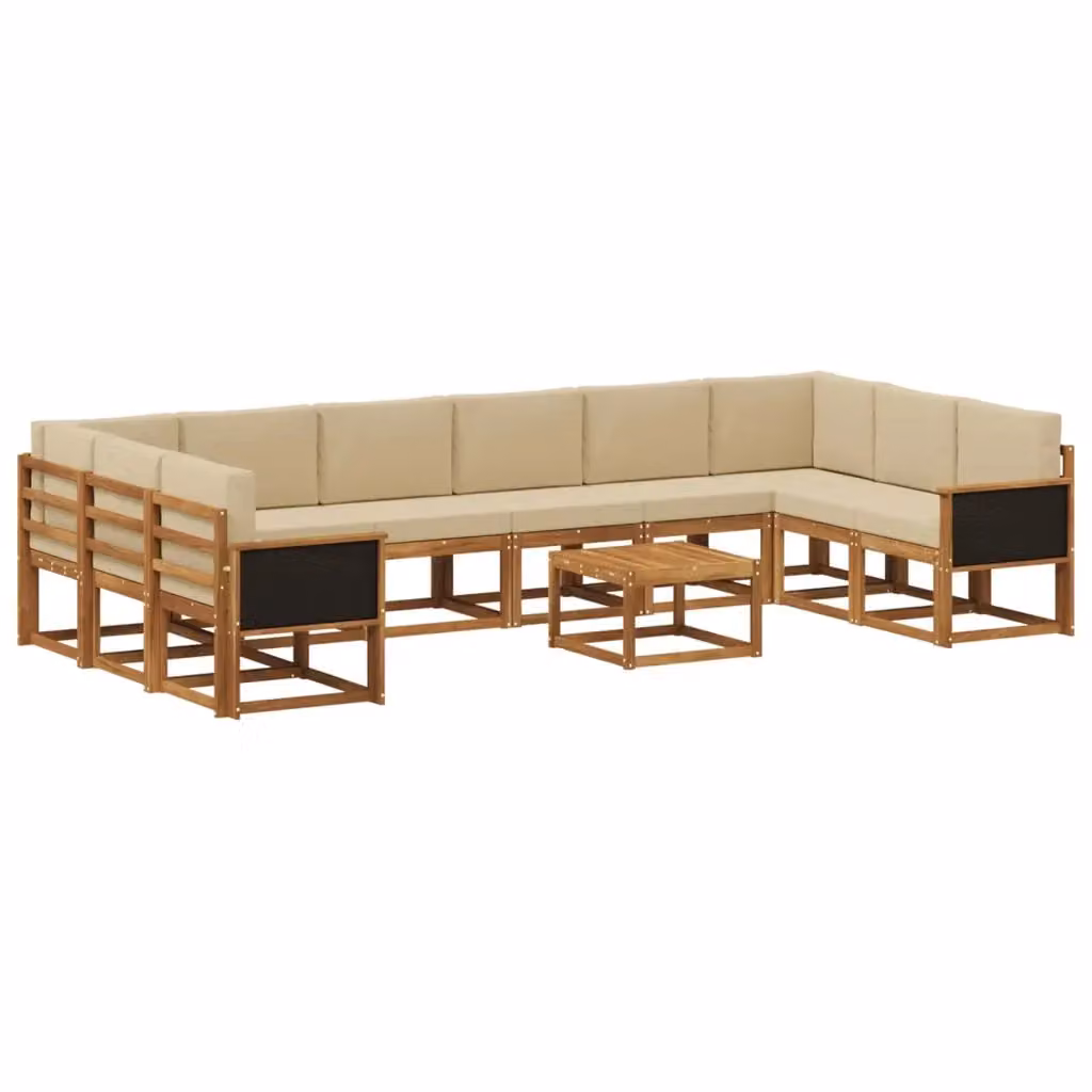 Set di divani da esterno vidaXL a forma di U in legno di acacia con tavolino da caffè, colore beige e marrone, 11 pezzi – 2
