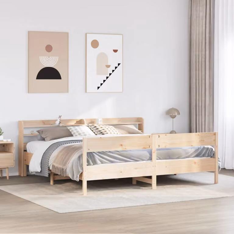 Letto matrimoniale vidaXL in legno massello di pino marrone con ripiani laterali e doghe piatte L/P/H: 200 x 180 x 82 cm
