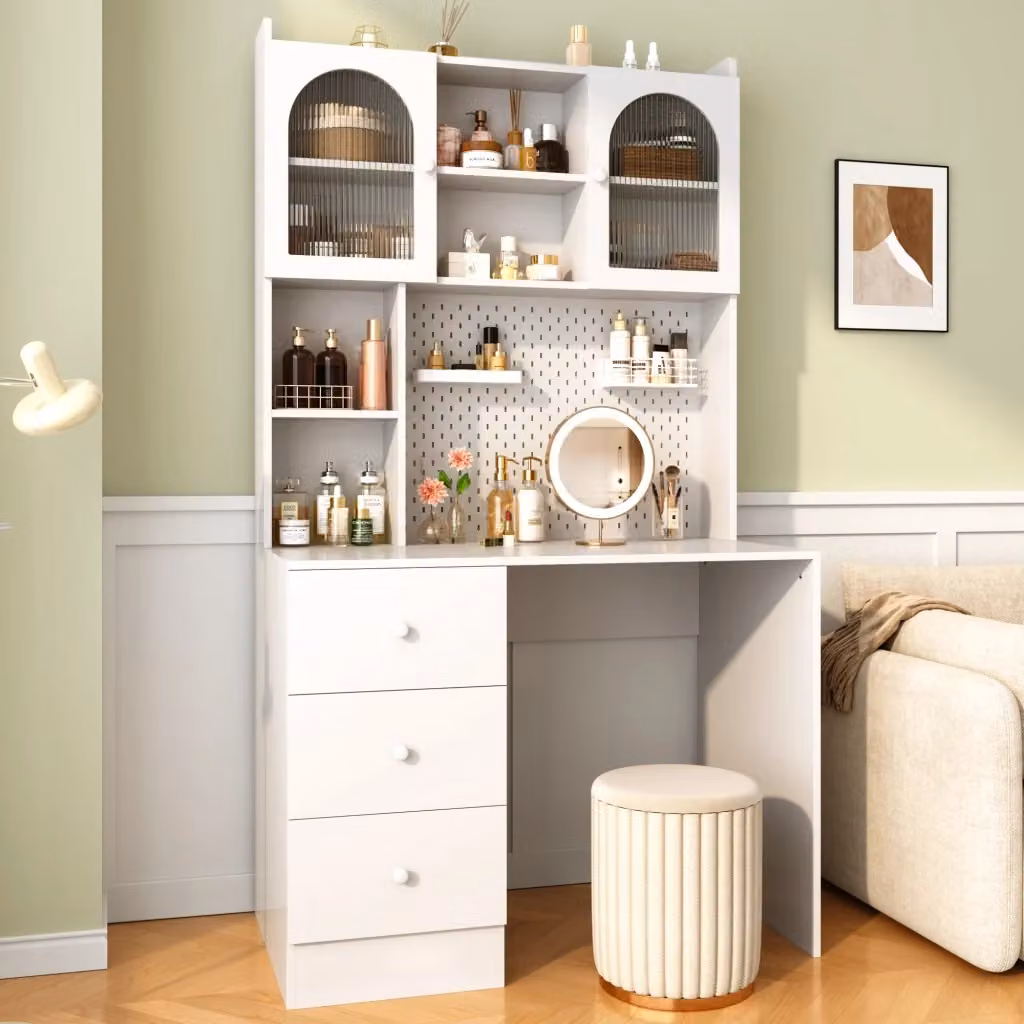 Scrivania Mivray con libreria, vetrina, pannello organizzativo e 3 cassetti in MDF bianco per home office L/P/H: 100 x 55 x 180 cm – 2