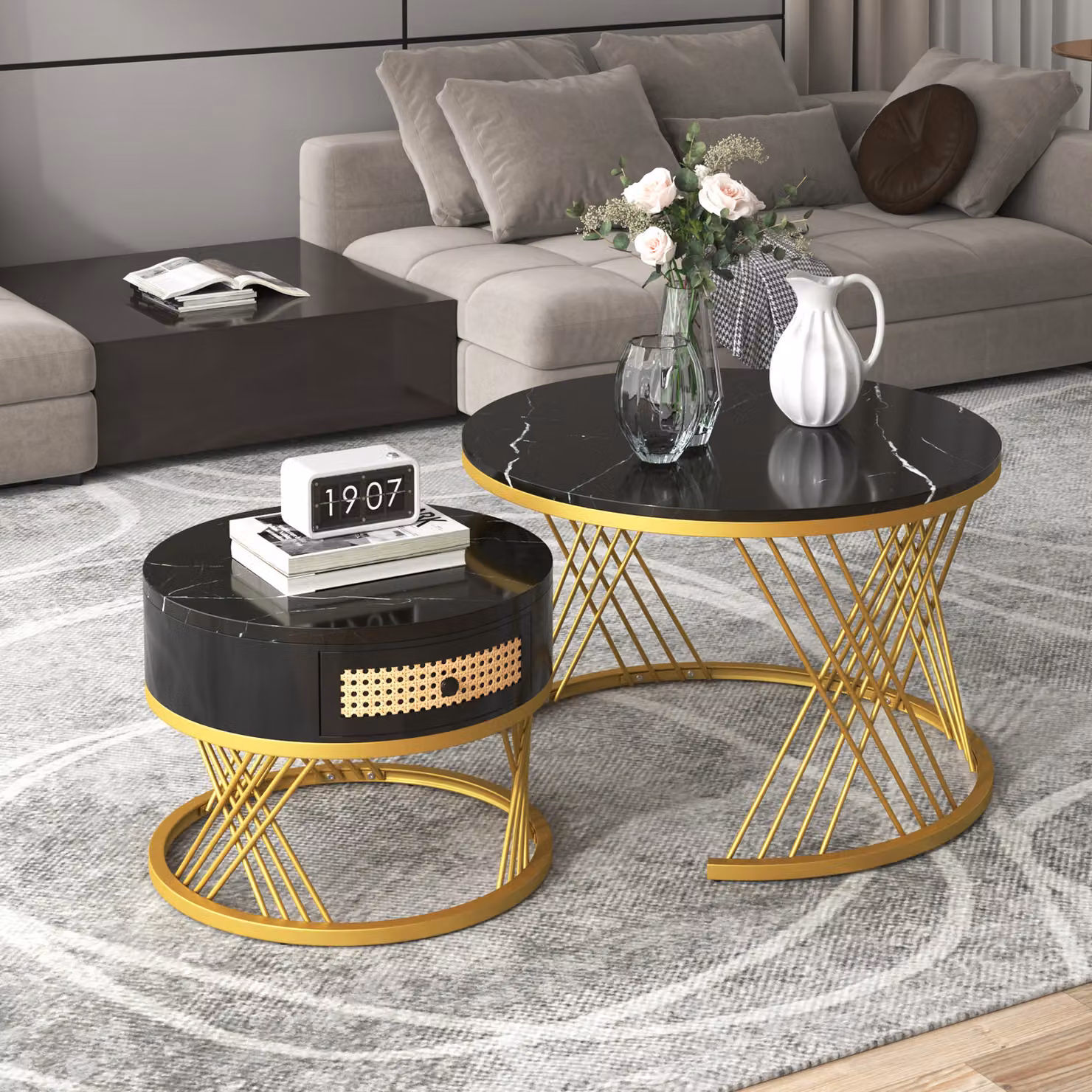 Fortuna-Lai set di 2 tavolini tavolino in marmo con ripiano rotondo Ø70 x 45 cm e Ø50 x 38,5 cm tavolino da salotto tavolino da divano motivo marmo struttura del tavolo in legno e cassetti in plastica rattan， in metallo oro