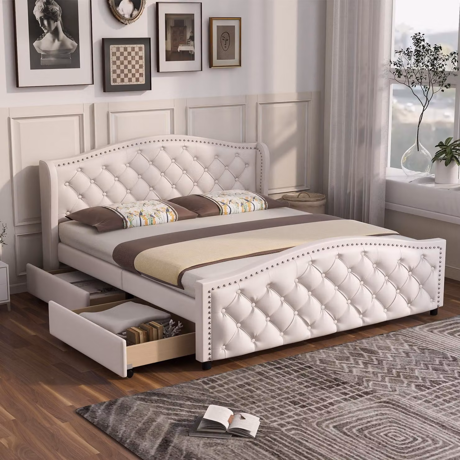 Letto imbottito 160 x 200 cm - Letto con rete a doghe, 2 cassetti e testata con rivetti a punto di tensione - Legno e Pelle finta - Bianco
