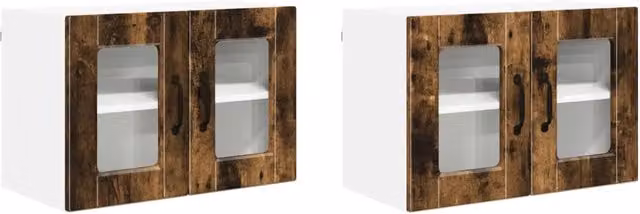 Set di 2 pensili da parete PORTO DESIGN IN in legno Rovere fumè con ante in vetro per cucina e soggiorno L/P/H: 60 x 31 x 40 cm