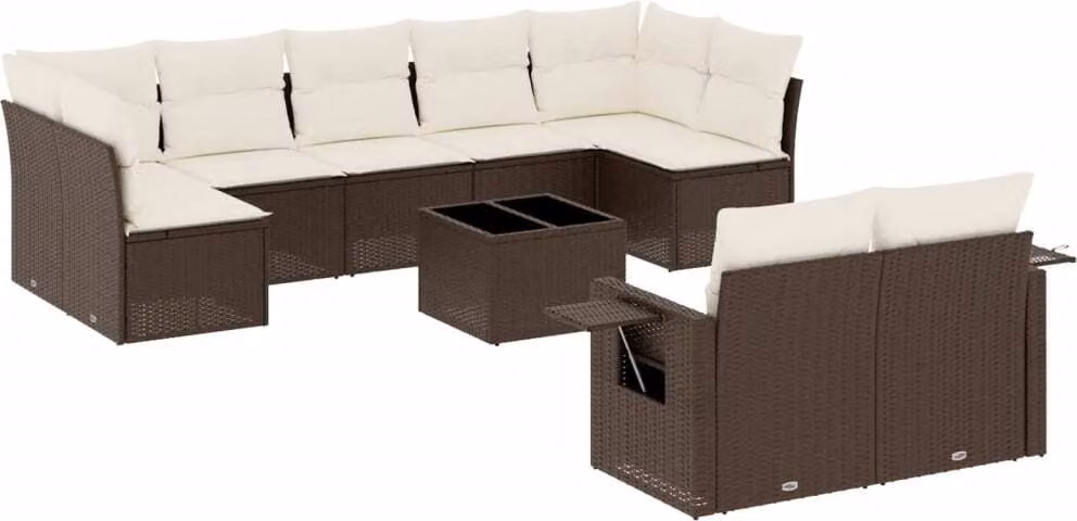 Set Divani da Giardino 10pz con Cuscini in Polyrattan Marrone