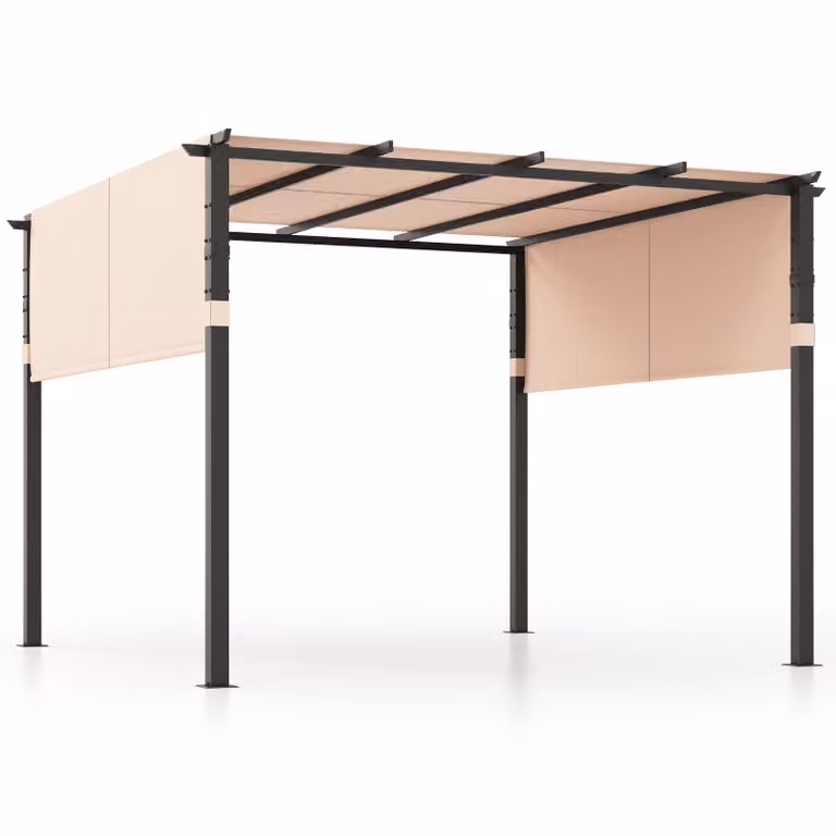 COSTWAY pergola con 2 tetti regolabili, 3,05x3,05m padiglione impermeabile stabile invernale, padiglione da giardino con robusti pilastri in metallo beige