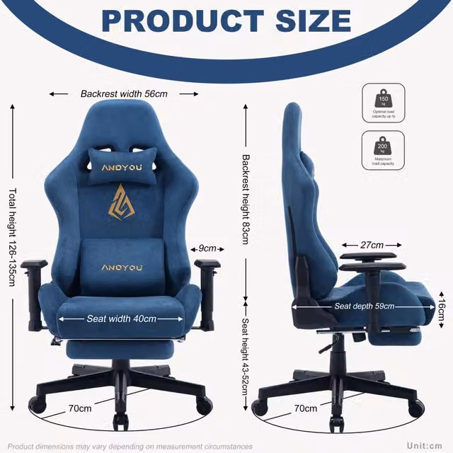 Sedia da Gaming ANDYOU Blu, Poltrona da Ufficio Ergonomica con Poggiapiedi, Schienale con Poggiatesta e Ruote, Regolabile in Altezza e Girevole a 360 gradi