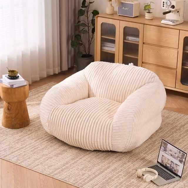 Pouf con schienale Mivray in velluto a coste beige per soggiorno, camera da letto o balcone – 1