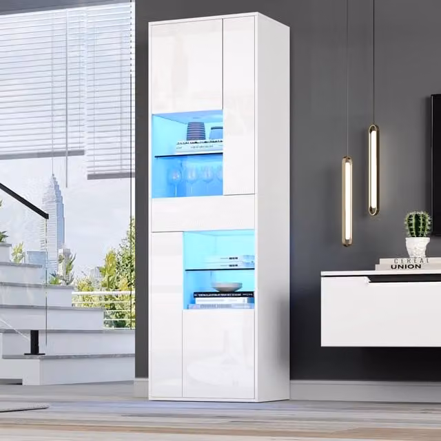 Vetrina alta WISHDOR bianca lucida con ante in vetro, illuminazione LED e ripiani interni, L/P/H: 55 x 38 x 170 cm