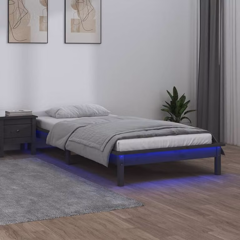 The Living Store Letto in legno massiccio con LED Grigio 100x200 cm