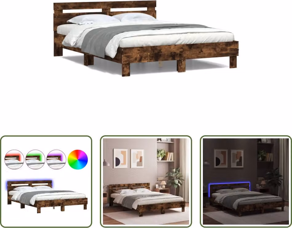 The Living Store Giroletto con testiera Illuminazione LED rovere fumé 150x200cm