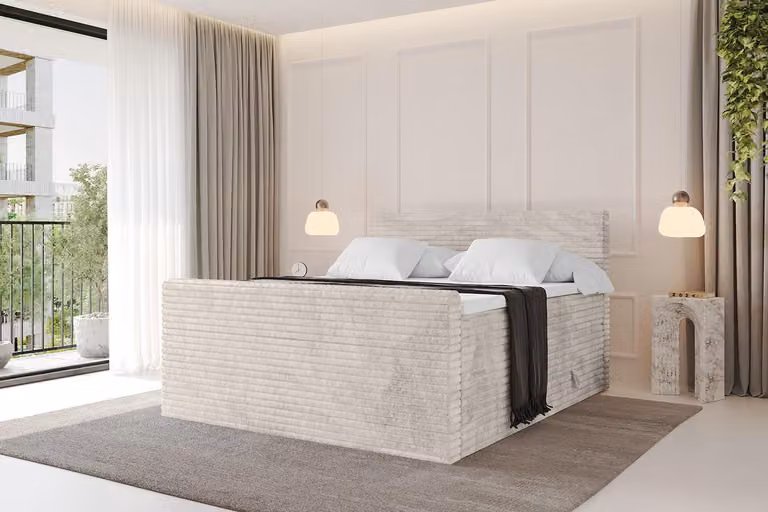 Letto boxspring ALTDECOR con pediera - TOLO-v1-Z KING 180x200 in velluto - Crema - Set completo con materassi H3 e H4 e topper, letto imbottito con cassetti, rete a doghe, letto con contenitore, letto matrimoniale, letto boxspring