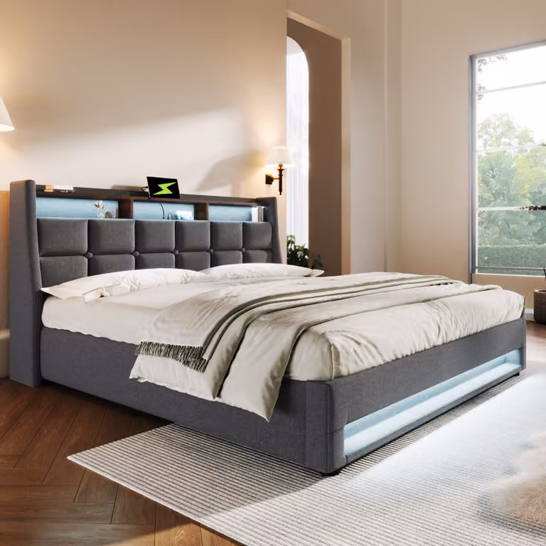 Letto imbottito MODFU 140x200cm, box letto matrimoniale idraulico con luce LED e USB (senza materasso), grigio