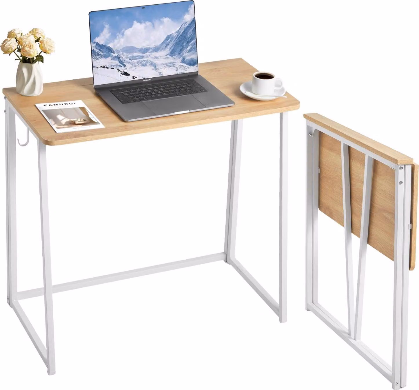 Scrivania pieghevole - Scrivania pieghevole per computer - Piano del tavolo 80 x 48 cm - Salvaspazio - Con ganci portaoggetti - Capacità di carico 68 kg - Per l'ufficio domestico e gli spazi ridotti - Rovere