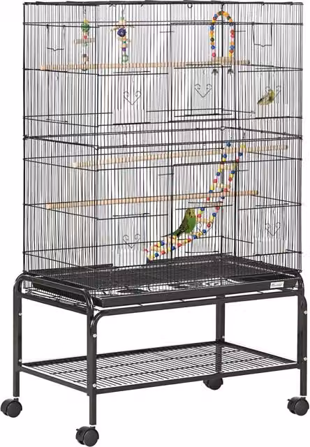 Gabbia per uccelli con supporto con ruote 79 x 49 x 133 cm vassoio estraibile e ripiano stile moderno ed essenziale in acciaio nero 21_0007580