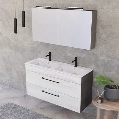 Mobile bagno sospeso INBAGNO Smart bianco e legno con specchio contenitore e illuminazione LED L/P/H: 118 x 42 x 62 cm – 1