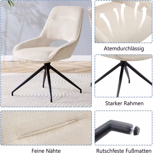 Set di 2 sedie da pranzo girevoli a 360 gradi in tessuto bianco con gambe in metallo nero, sedute ergonomiche per sala da pranzo e soggiorno