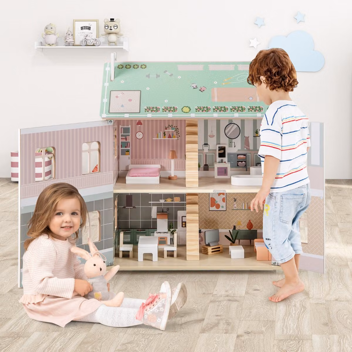 Casa delle bambole in legno Costway per bambini con tetti a doppio lato e porte apribili, giocattolo a 3 livelli, Rosa e Multicolore