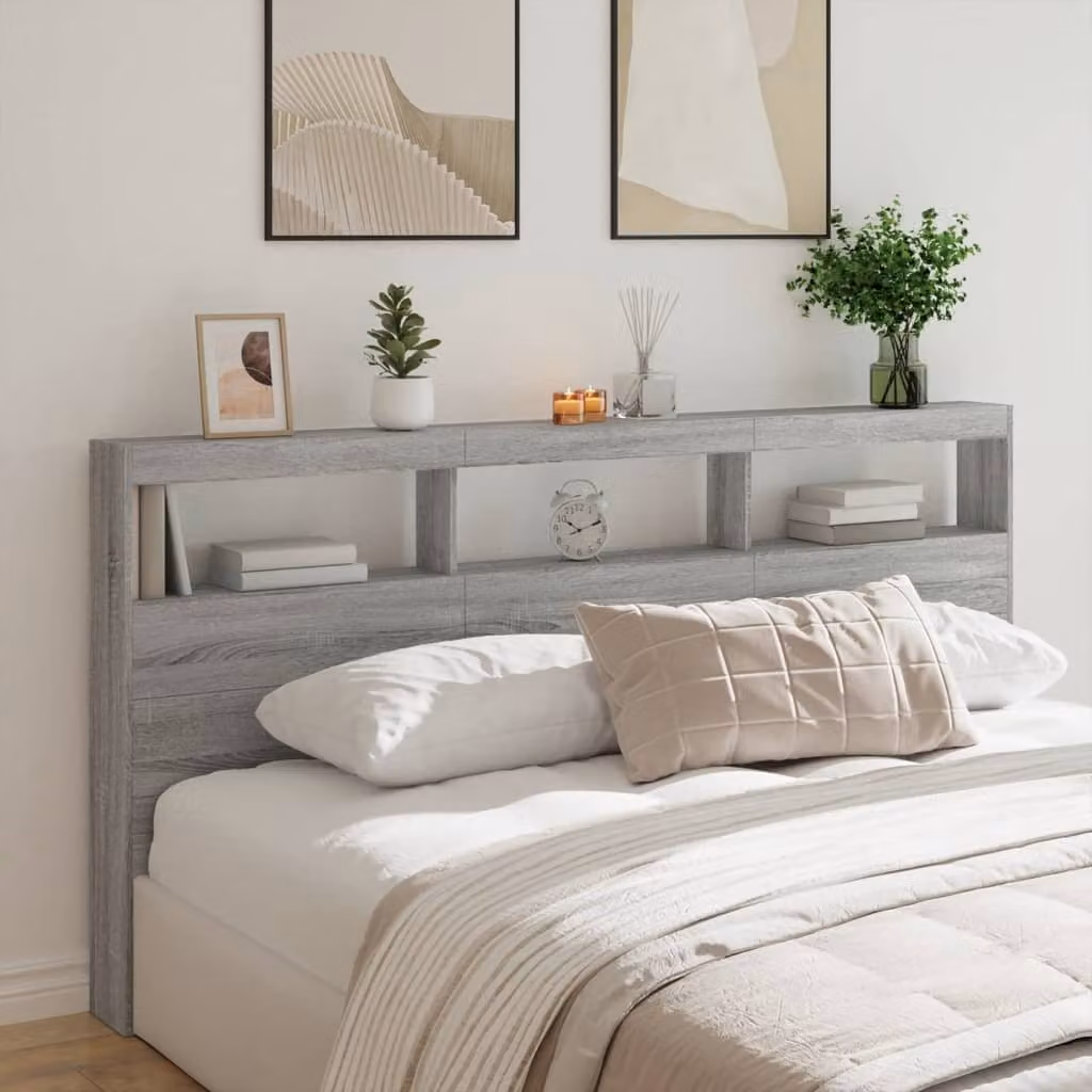 Testiera con contenitore e illuminazione LED vidaXL, Grigio Sonoma, L: 200 cm, P: 17 cm, H: 102 cm