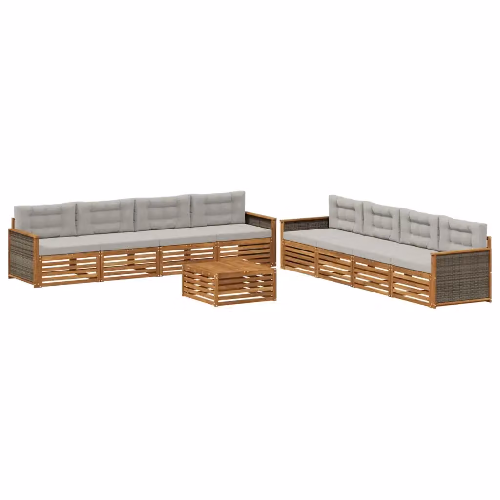 Set di divani da esterno a L con tavolino vidaXL in legno di acacia, beige e grigio – 2