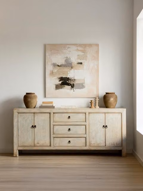 Credenza Siruma 200 in legno massiccio blu e bianco rigato Kenay Home