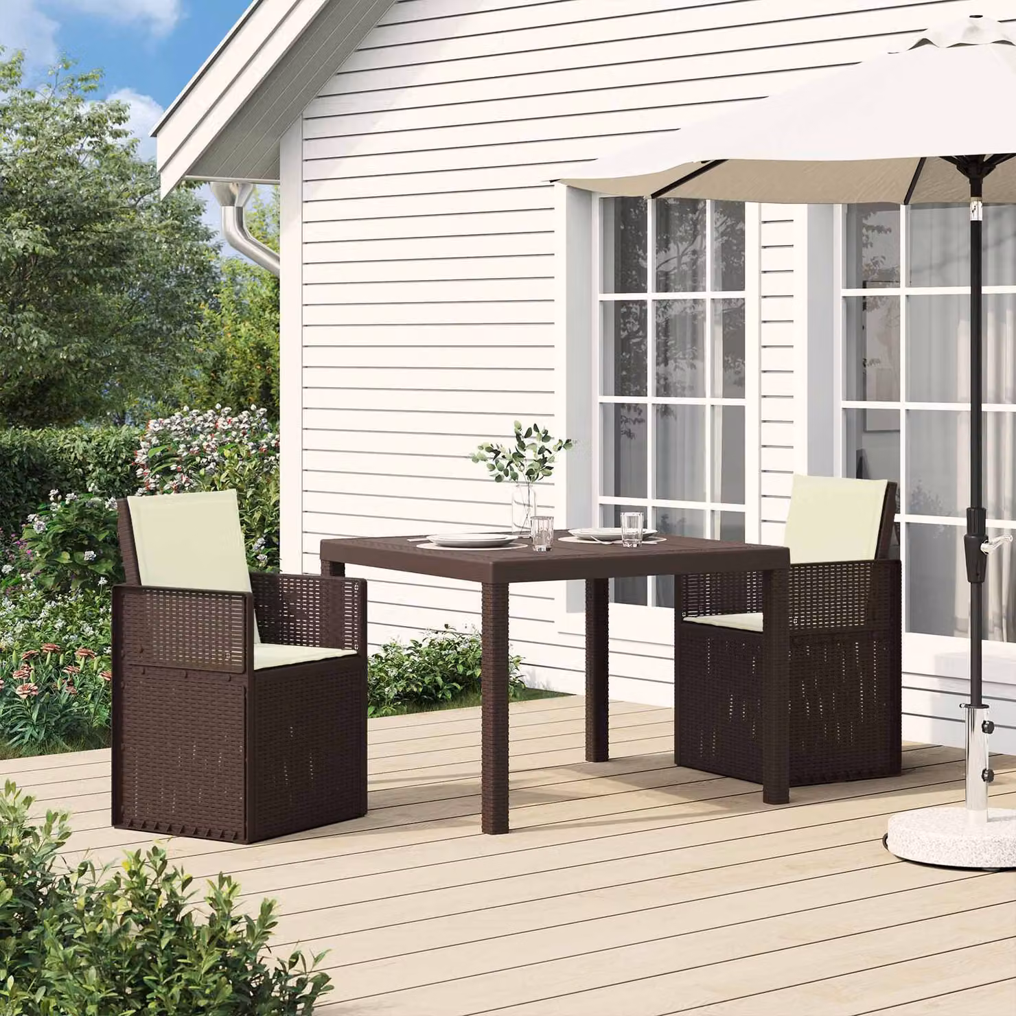 Set di 2 sedie da giardino vidaXL con cuscini, colore marrone e beige, in plastica resistente ai raggi UV