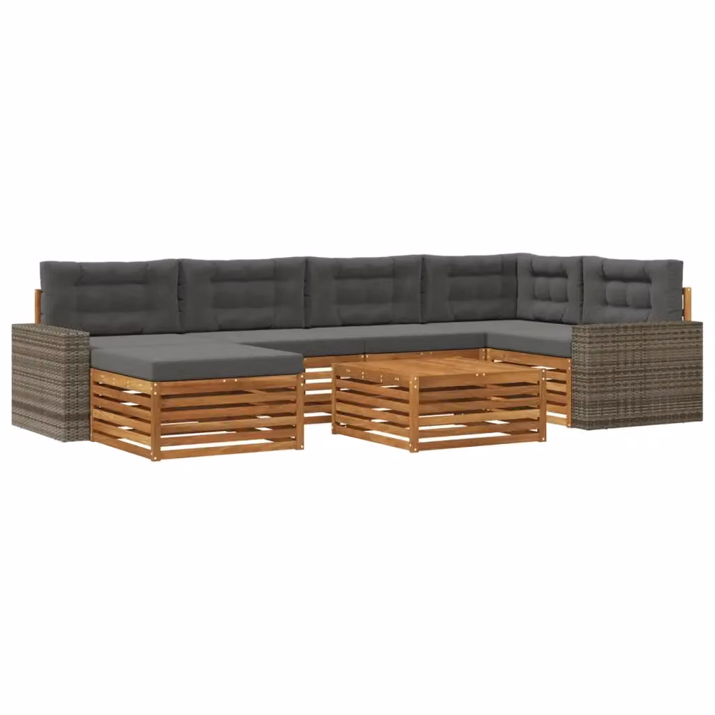 Set di divani da esterno a L con tavolo e pouf vidaXL, 7 pezzi, colore beige e antracite, in legno di acacia e tessuto – 2