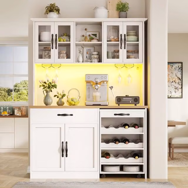 Mobile colonna da cucina Mivray bianca con ante in vetro, illuminazione integrata, portabottiglie e carrello estraibile, L: 38 cm, P: 38 cm, H: 180 cm