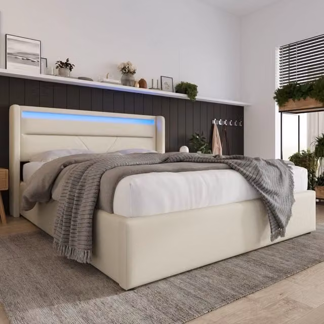 Letto matrimoniale contenitore 160 × 200 cm con LED regolabile e sollevamento idraulico, materasso incluso, bianco