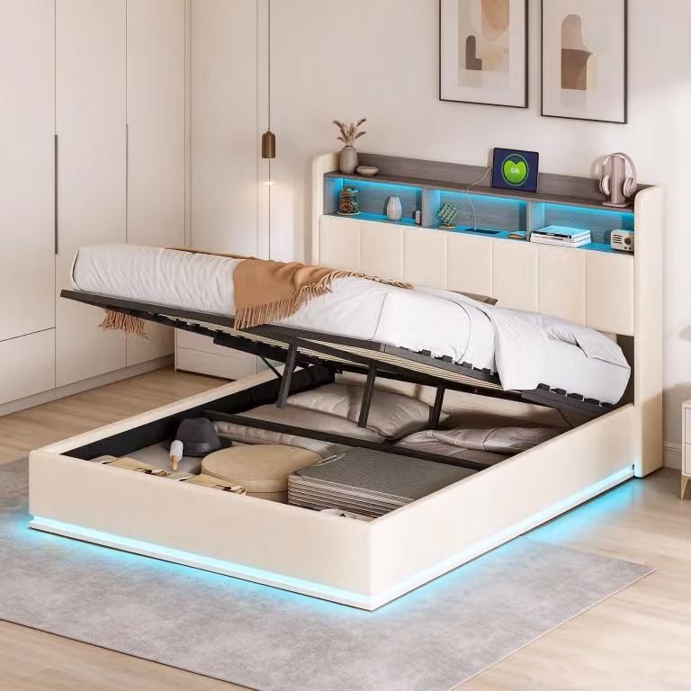 Letto imbottito INONEFT, modello idraulico, dimensioni 140x190 cm, con USB e Type-C, letto matrimoniale per ragazzi con illuminazione LED, letto contenitore, modello boxspring, rivestito in velluto, colore beige