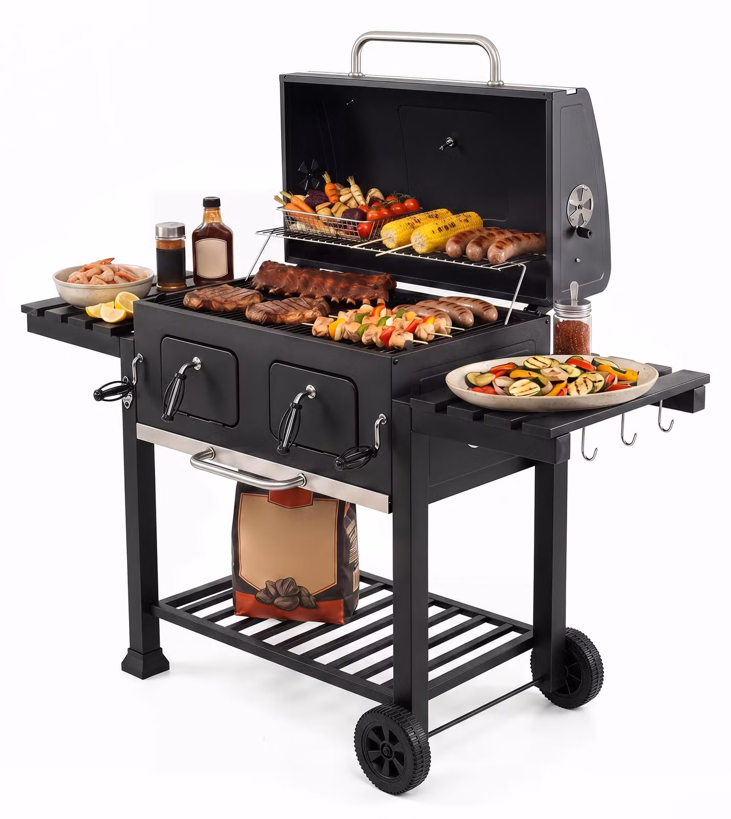 Barbecue a carbone KOMFOTTEU con ruote, completo di copertura per terrazza e picnic | Griglia da esterno mobile con 2 tavolini laterali, termometro e griglia. Robusto barbecue a carbone, ideale per cucinare all'aperto in giardino