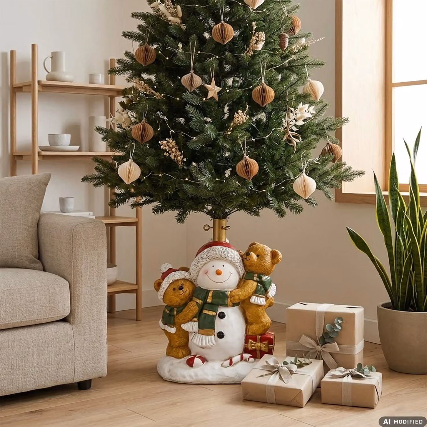 Base Albero di Natale con Pupazzo di Neve e Orsetti VESTIAMO CASA, Colore Oro, Altezza: 44,5 cm – 2