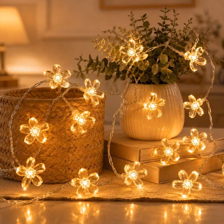 Catena luminosa a forma di fiori, luce bianco caldo, 6 metri, 40 LED, alimentazione USB, per uso interno