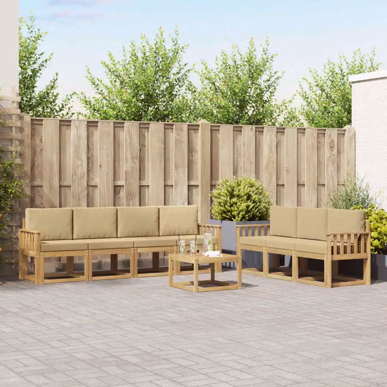 Set di divani da esterno vidaXL 7 pz in legno di acacia beige con cuscini inclusi e design a L moderno