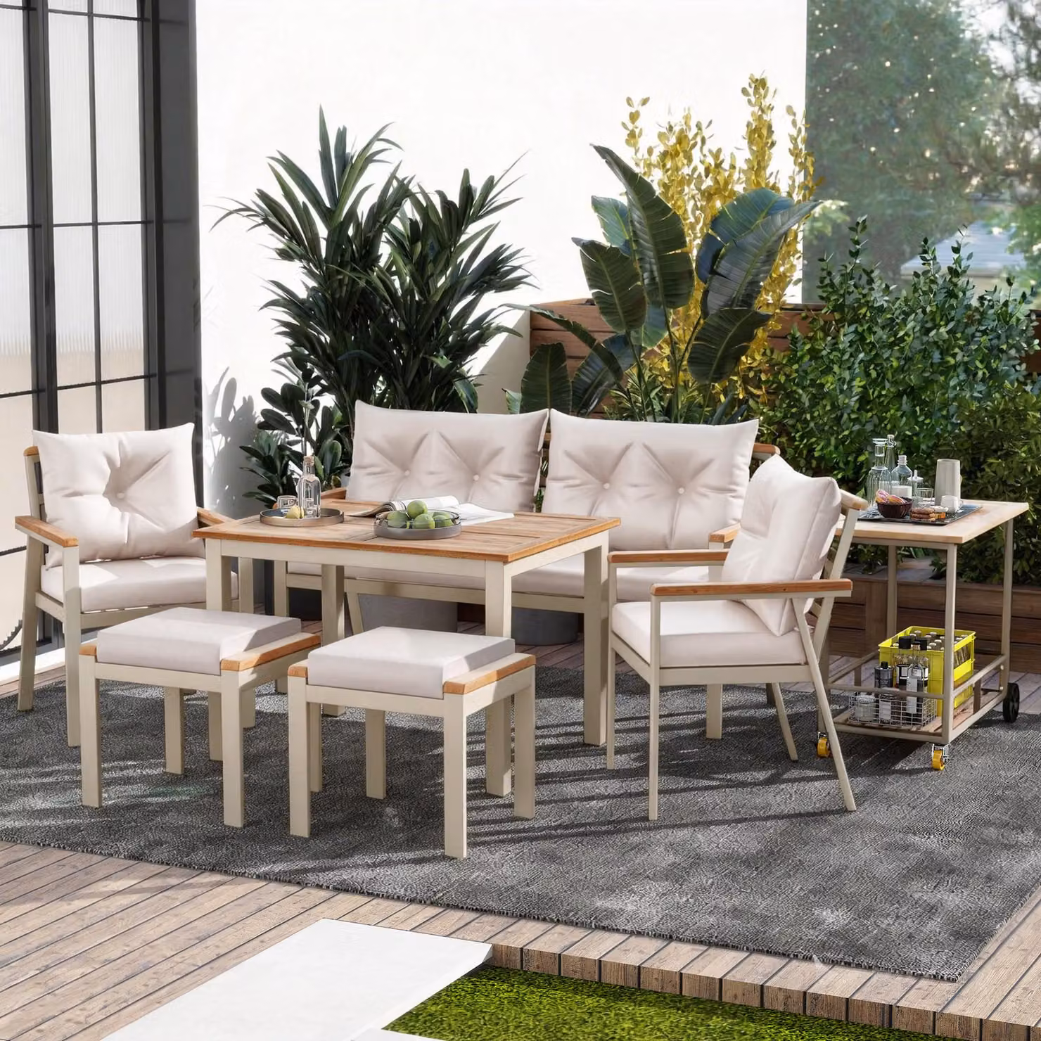 okwish: set da salotto per esterni, divano da giardino con poltrone e carrello servitore removibile, divano relax adatto per 6-7 persone, mobili da esterno, colore beige