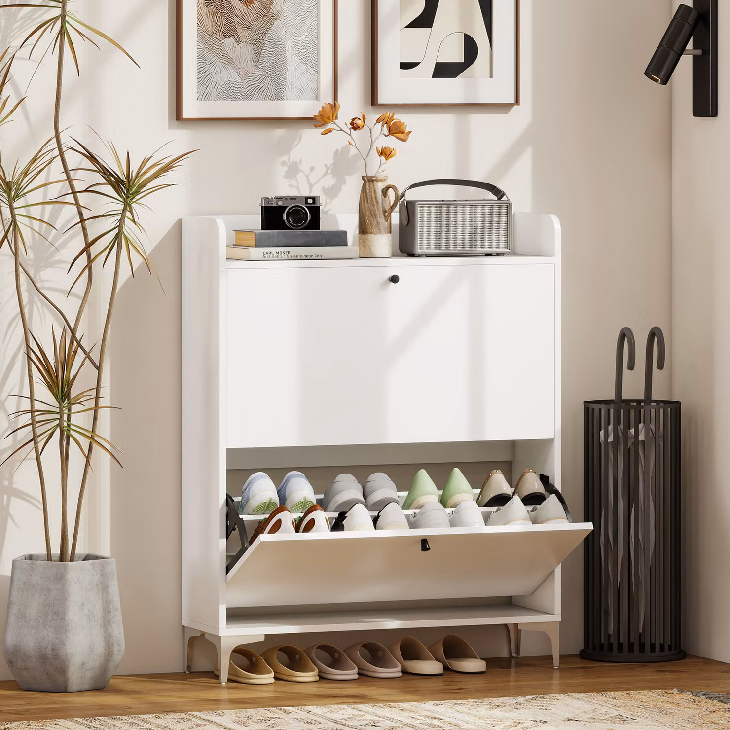 Scarpiera Slim HOMCOM con 2 Cassetti a Ribalta e Ripiani Regolabili, in Legno e Metallo, Bianco, L 80 cm x P 24 cm x H 101 cm – 2