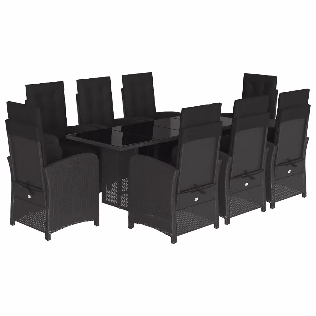 Set da Pranzo da Giardino vidaXL in Polyrattan Nero con Cuscini e Tavolo in Vetro, 9 Pezzi – 2